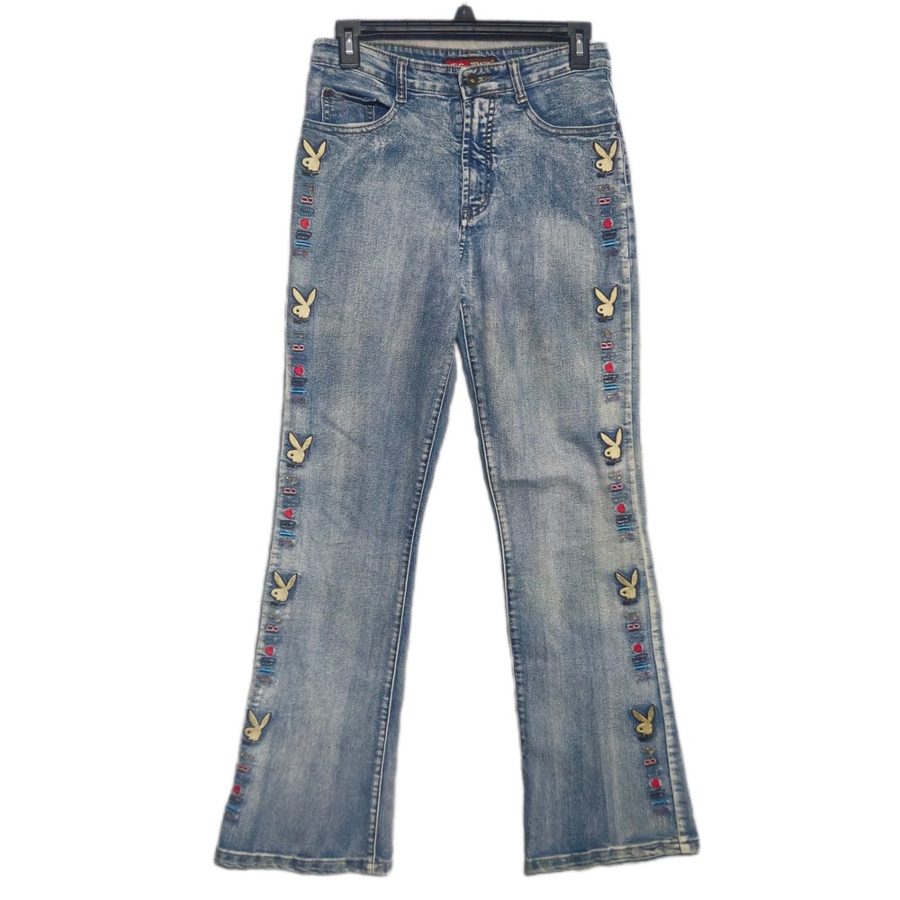 Playboy Bunny T'C Temche Jeans Womens M Embroidered Flare Acid Wash Denim Y2K